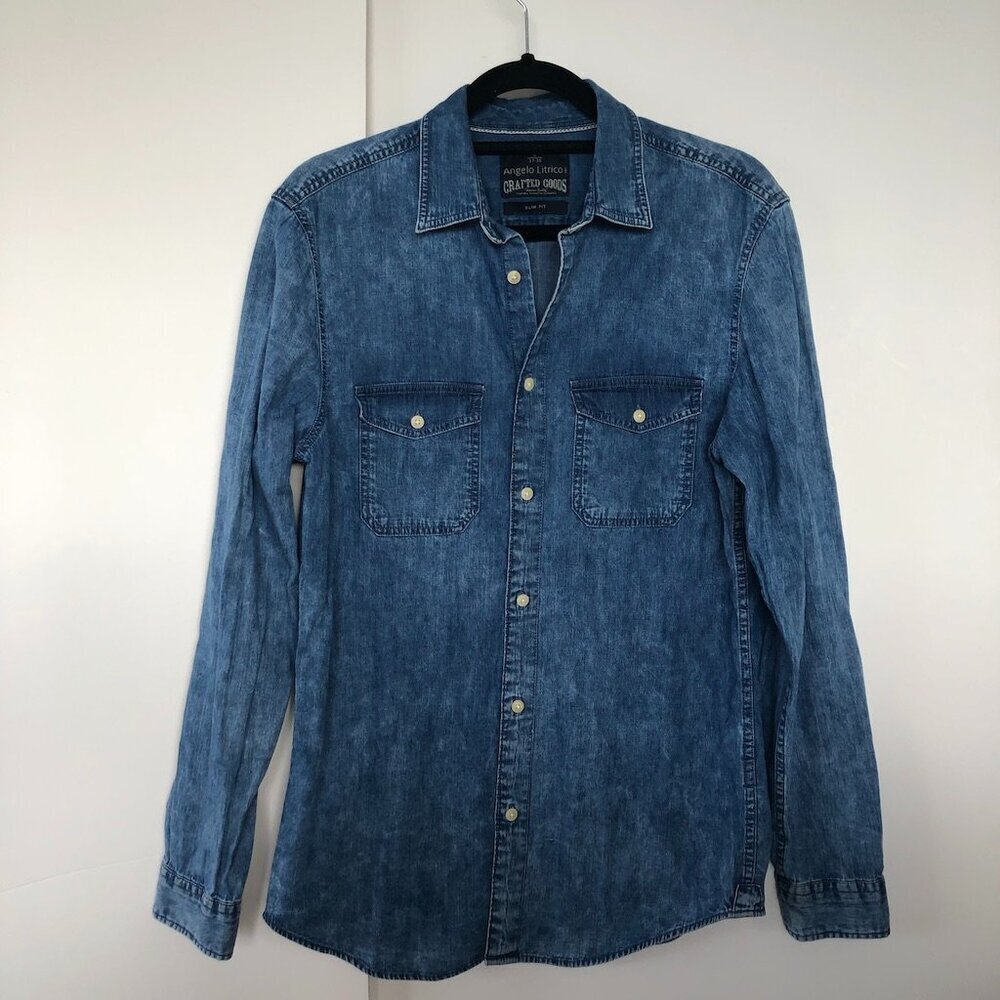 ANGELO LITRICO Mens Blue Denim Shirt Slim Fit Button Down 100% cotton US S 37-38